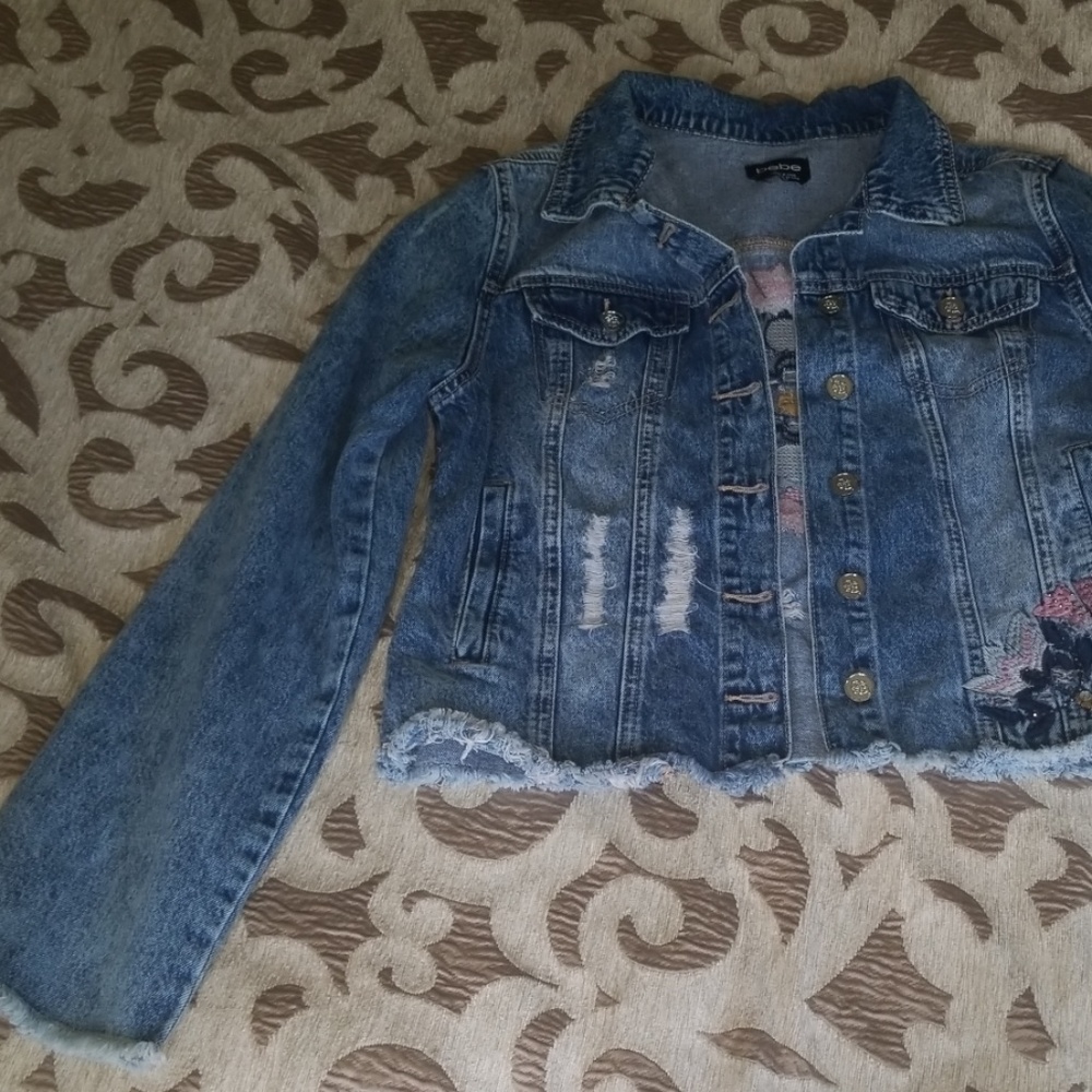 Bebe Jean Jacket Distressed w/ Flowers and stones